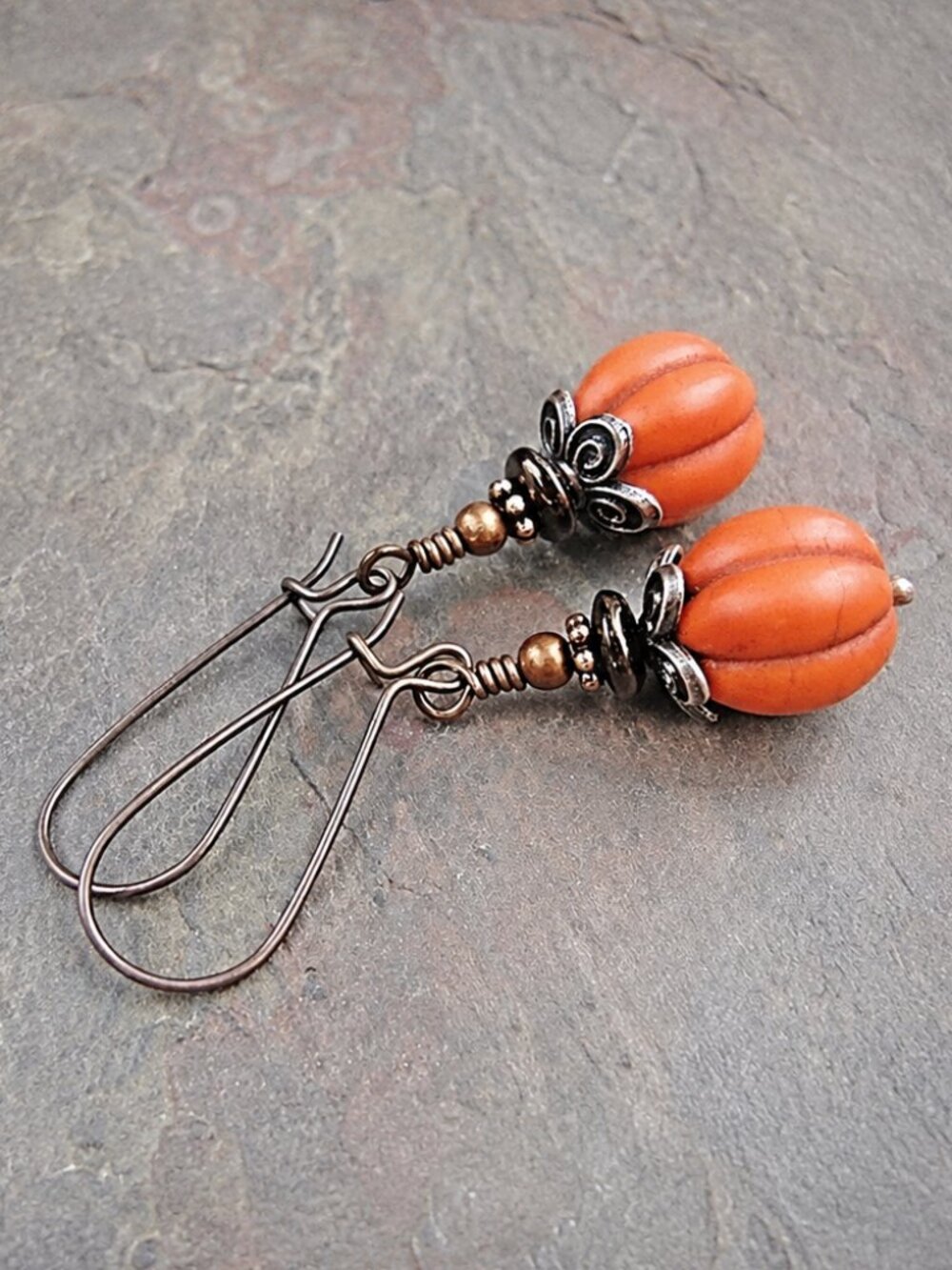 Pumpkin Earrings Fall Autumn Boho Dangle Handmade Copper Orange Stone Earrings - Picture 6 of 9